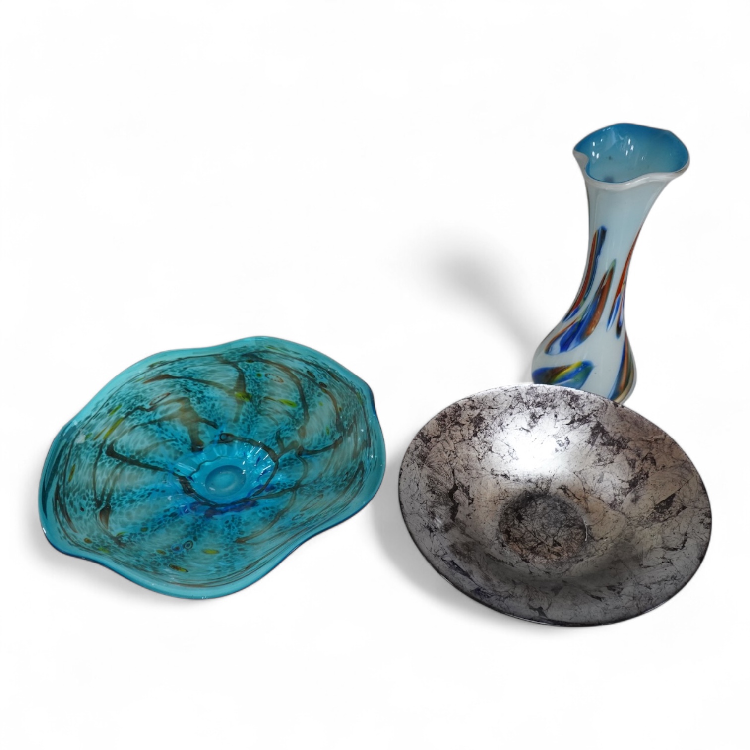 A late 20th century Italian glass vase and two Art glass dishes, largest 49cm in diameter